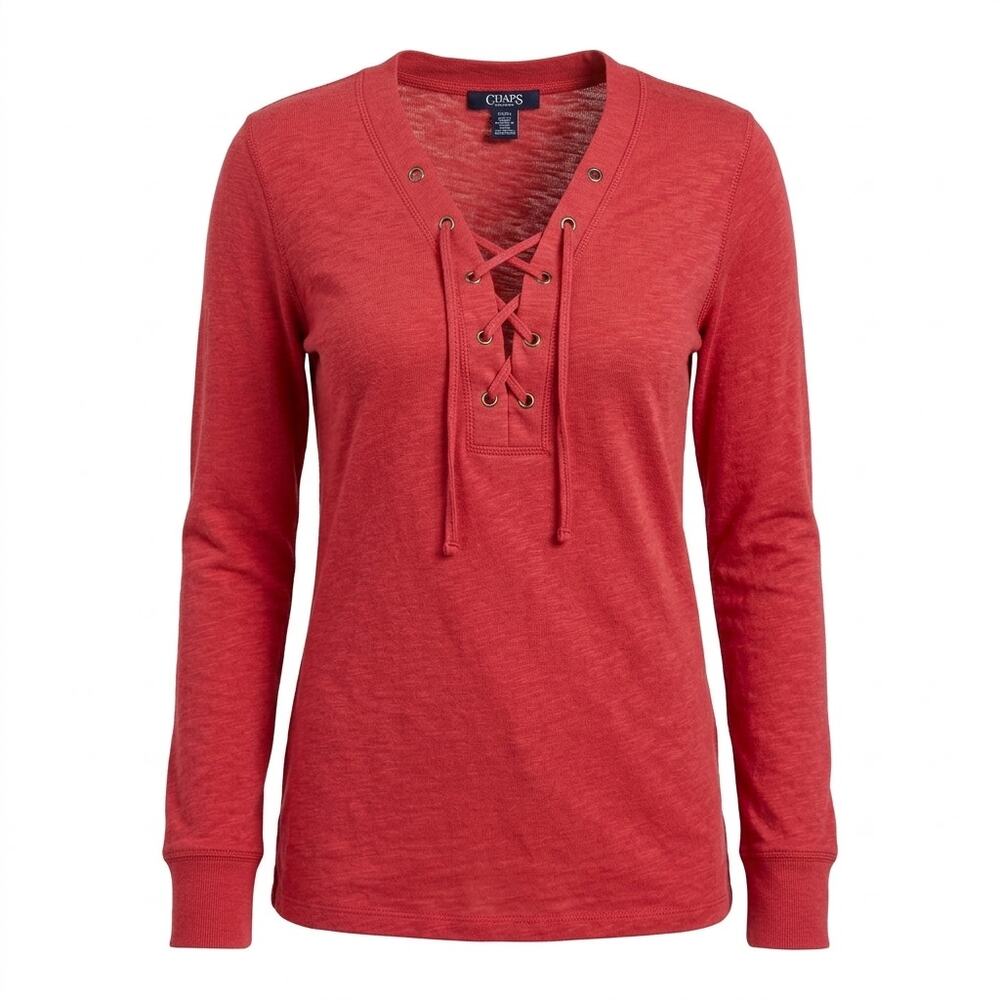 NWT Linen Blend Chaps Red Lace Up V-Neck Knit Sweater Women Size S